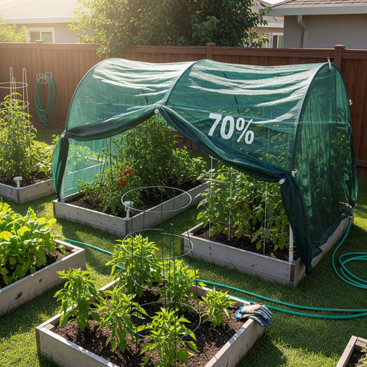 Green shaded garden tunnel with plants in a backyard setting