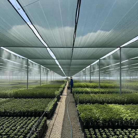 shade house with rows of plants and a person walking through the center.