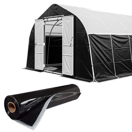 Black and white greenhouse with a roll of black plastic panda film sheeting on a white background