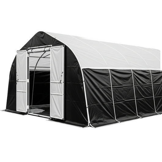 Black and white Panda Film storage shed with open door on a white background 