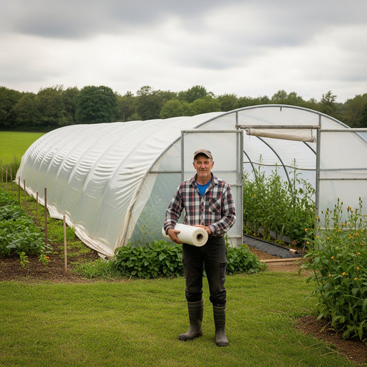 Person standing in front of a greenhouse holding rolls of plastic, with greenery and trees in the background.