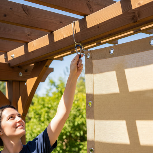 Person adjusting a beige outdoor shade cloth curtain on a wooden pergola with greenery in the background