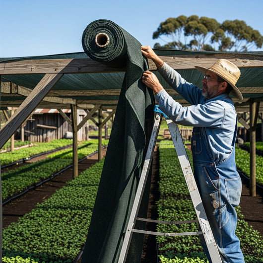 Man unrolling black shade cloth fabric on a ladder in a greenhouse