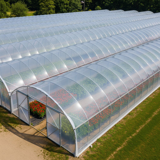 Large greenhouse with transparent roof and walls, surrounded by greenery.