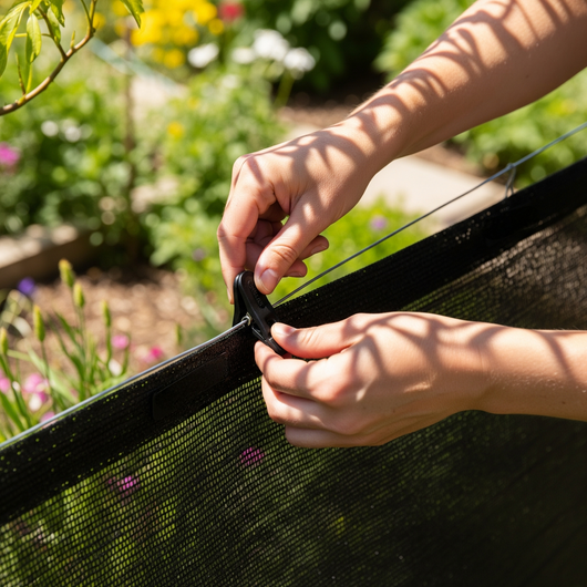 Person adjusting a butterfly slip on a black shade cloth screen in a garden setting with flowers and plants.