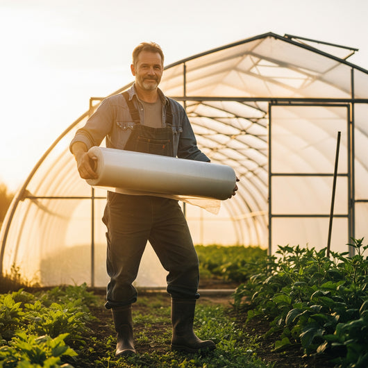 Man holding a roll of material in front of a greenhouse