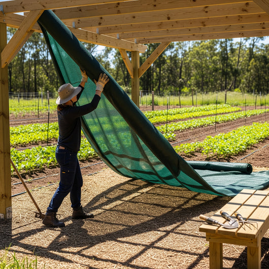 Person working with green shade cloth fabric in a garden setting